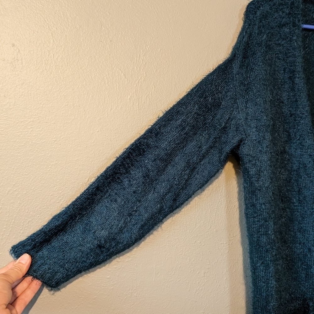 Chelsea & Theodore Turquoise Teal Fuzzy Knit Long Line Open Cardigan Size L - Picture 3 of 6